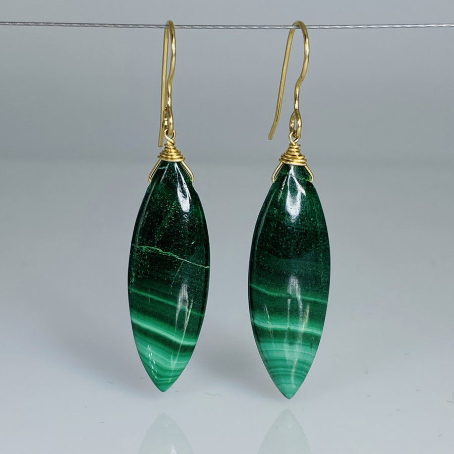 Marquise Malachite Drop Earrings 10x30mm