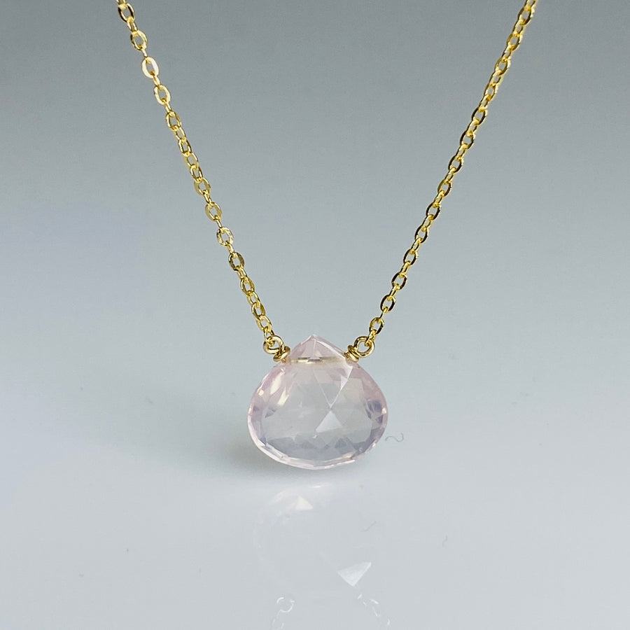 14K Yellow Gold Rose Quartz Drop Necklace 10mm