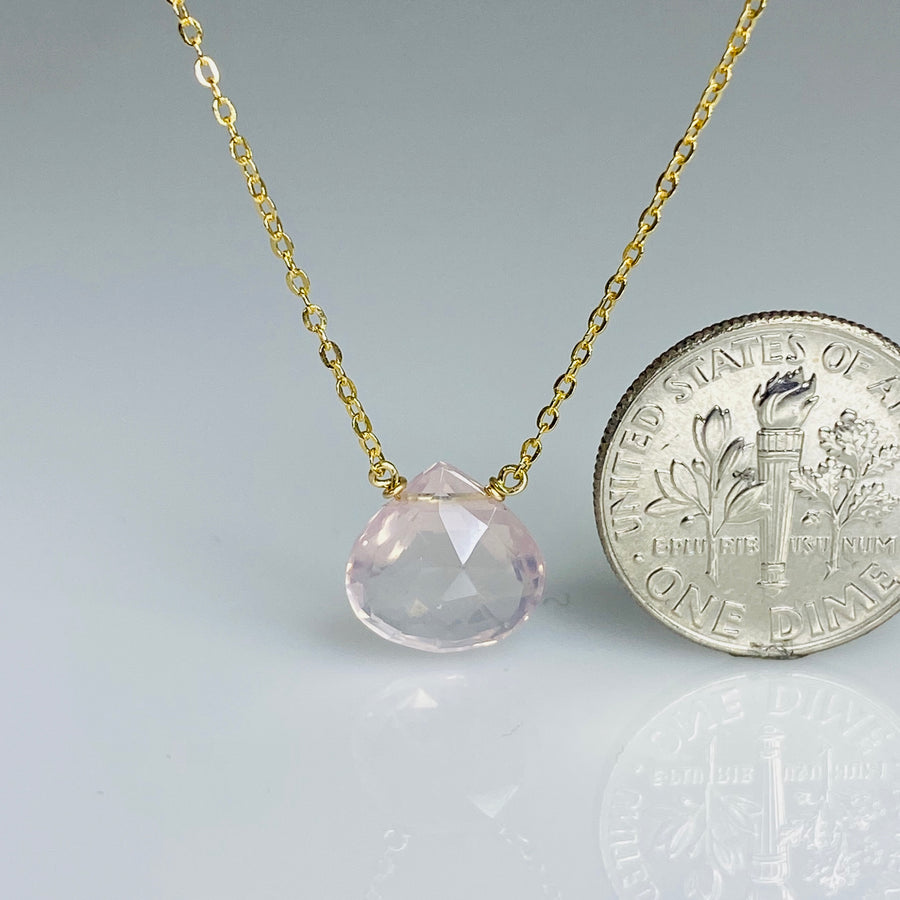 14K Yellow Gold Rose Quartz Drop Necklace 10mm