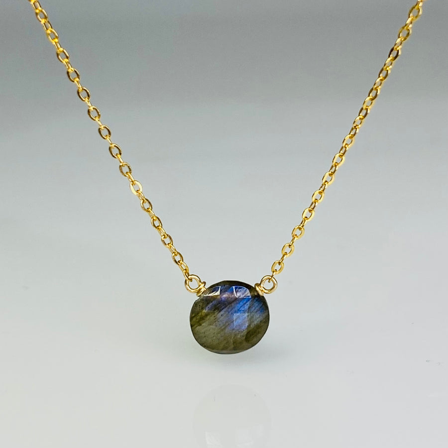 14K Yellow Gold Round Rose Cut Labradorite Drop Necklace 7mm
