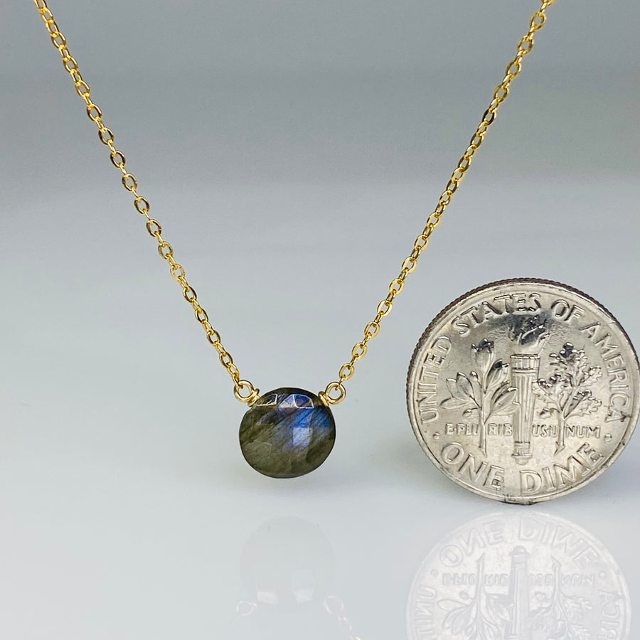 14K Yellow Gold Round Rose Cut Labradorite Drop Necklace 7mm