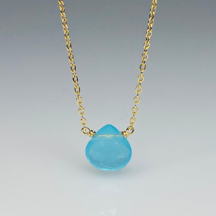 14K Yellow Gold Baby Blue Chalcedony Necklace 8mm