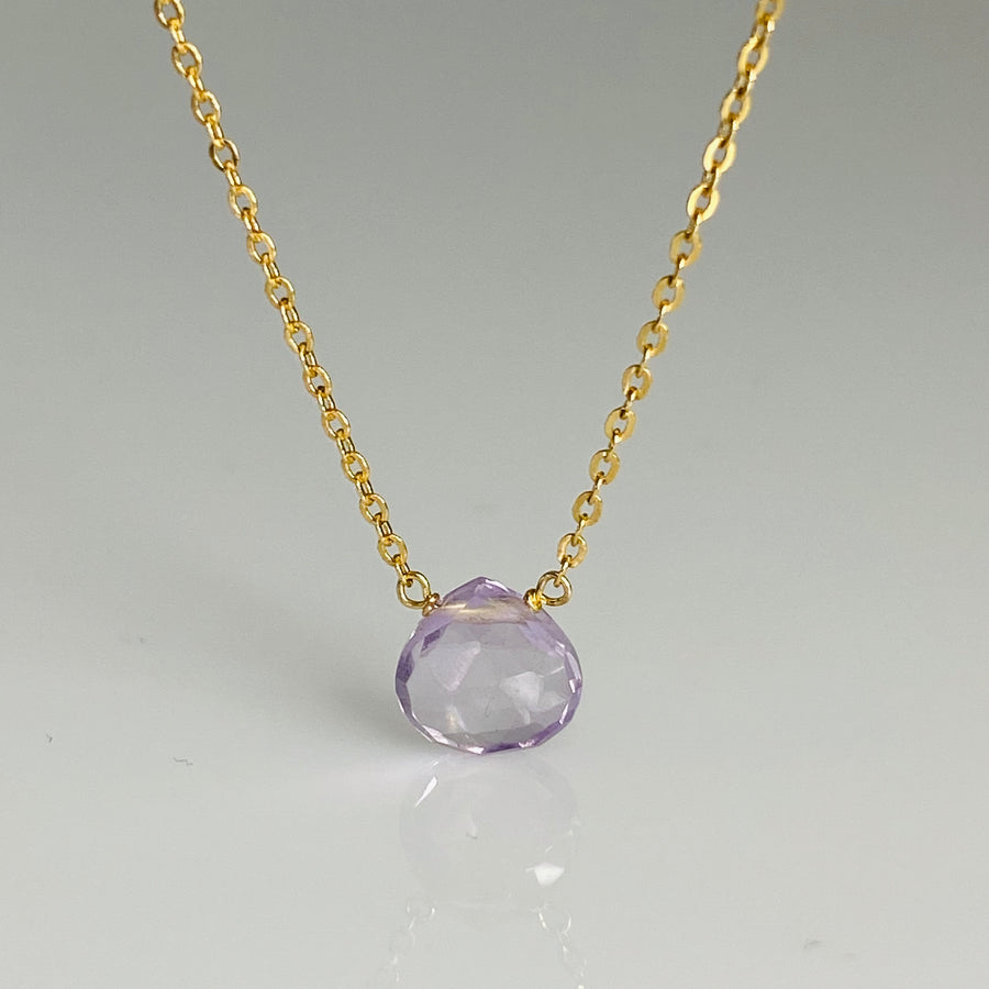 14K Yellow Gold Pink Amethyst Drop Necklace 7mm
