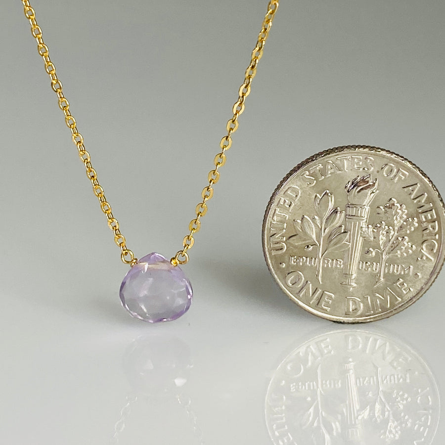 14K Yellow Gold Pink Amethyst Drop Necklace 7mm