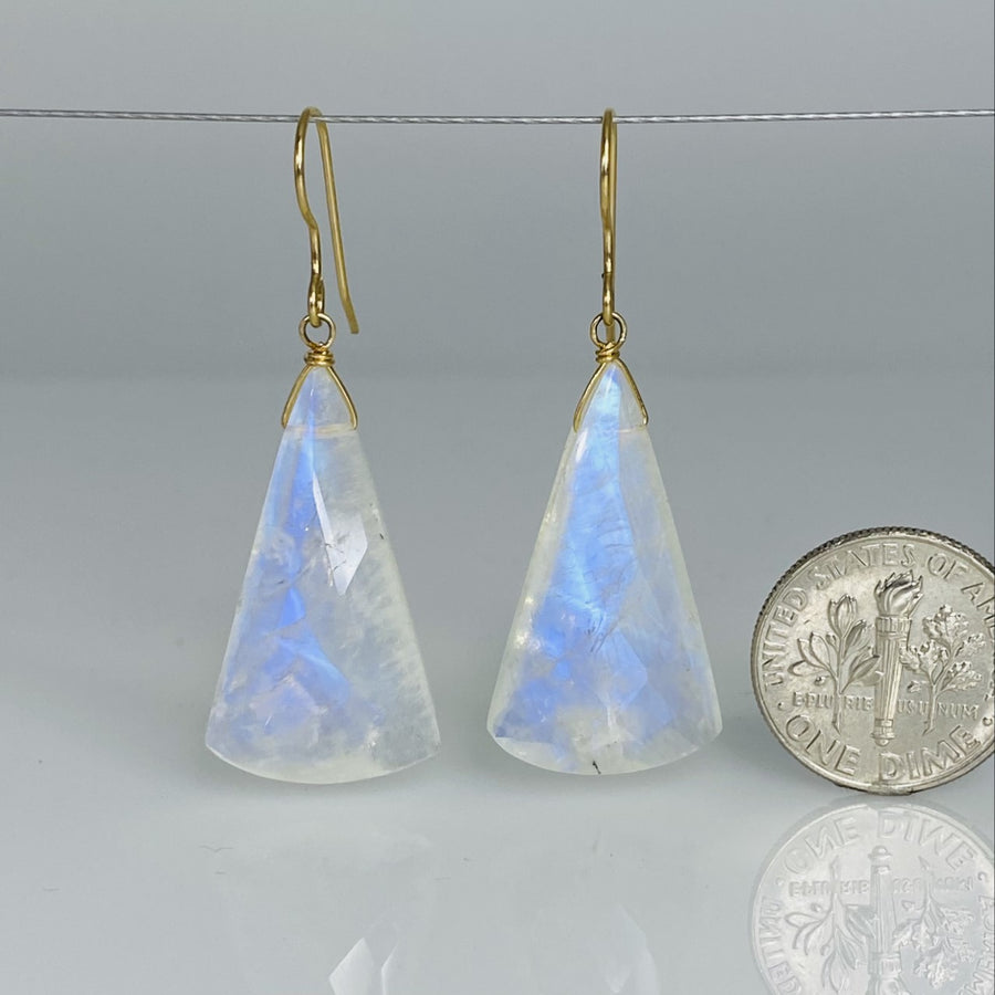 Fan Shape Rainbow Moonstone Earrings 15x28mm