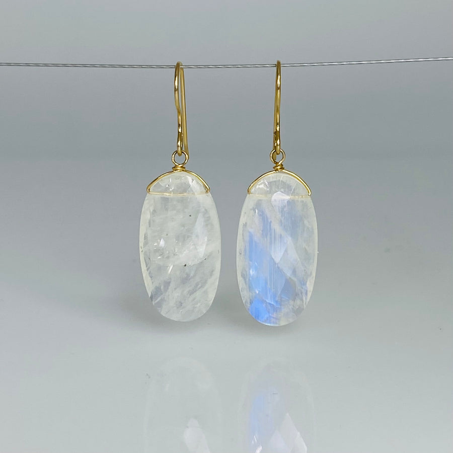 Oval Shape Rainbow Moonstone Earrings 12x23mm