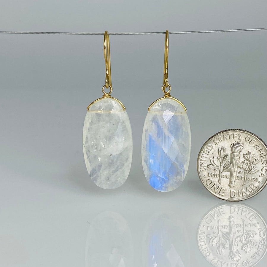 Oval Shape Rainbow Moonstone Earrings 12x23mm