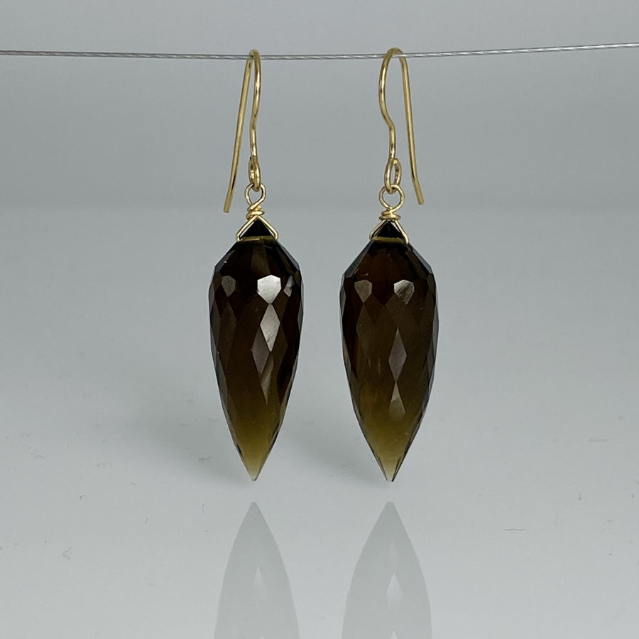 Reverse Briolette Whiskey Quartz Earrings 9x27mm