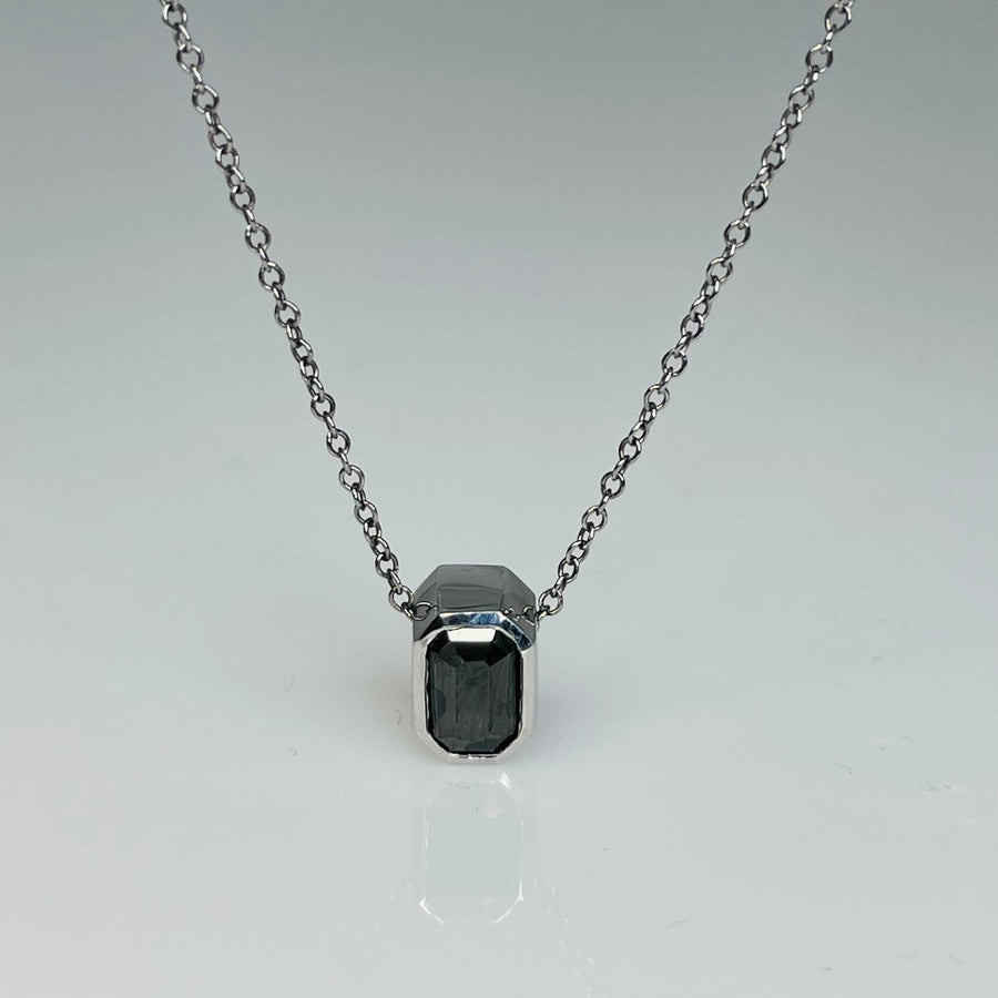 14K White Gold Emerald Cut Black Diamond Necklace 0.95ct