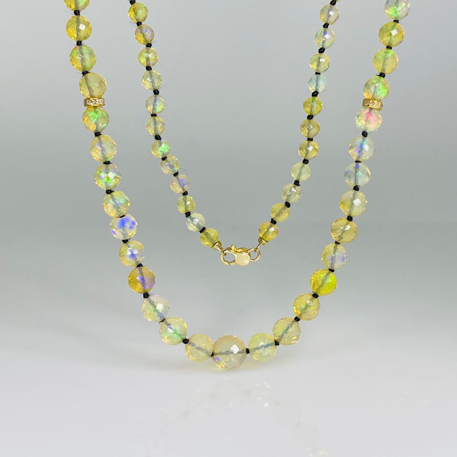 14K Yellow Gold Ethiopian Opal/Diamond Bead Long Necklace 48"