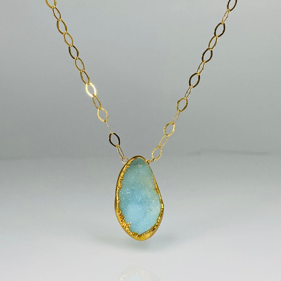 Blue Druzy Bezel Necklace 20"