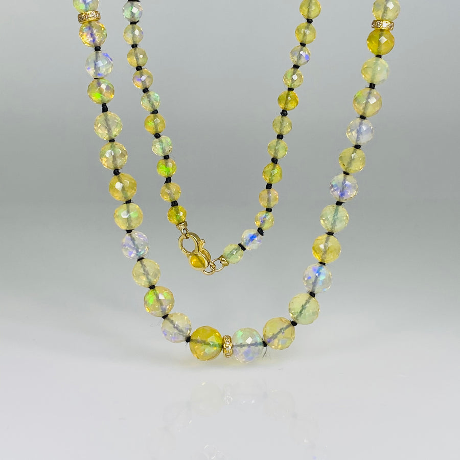 14K Yellow Gold Ethiopian Opal/Diamond Bead Long Necklace 36"