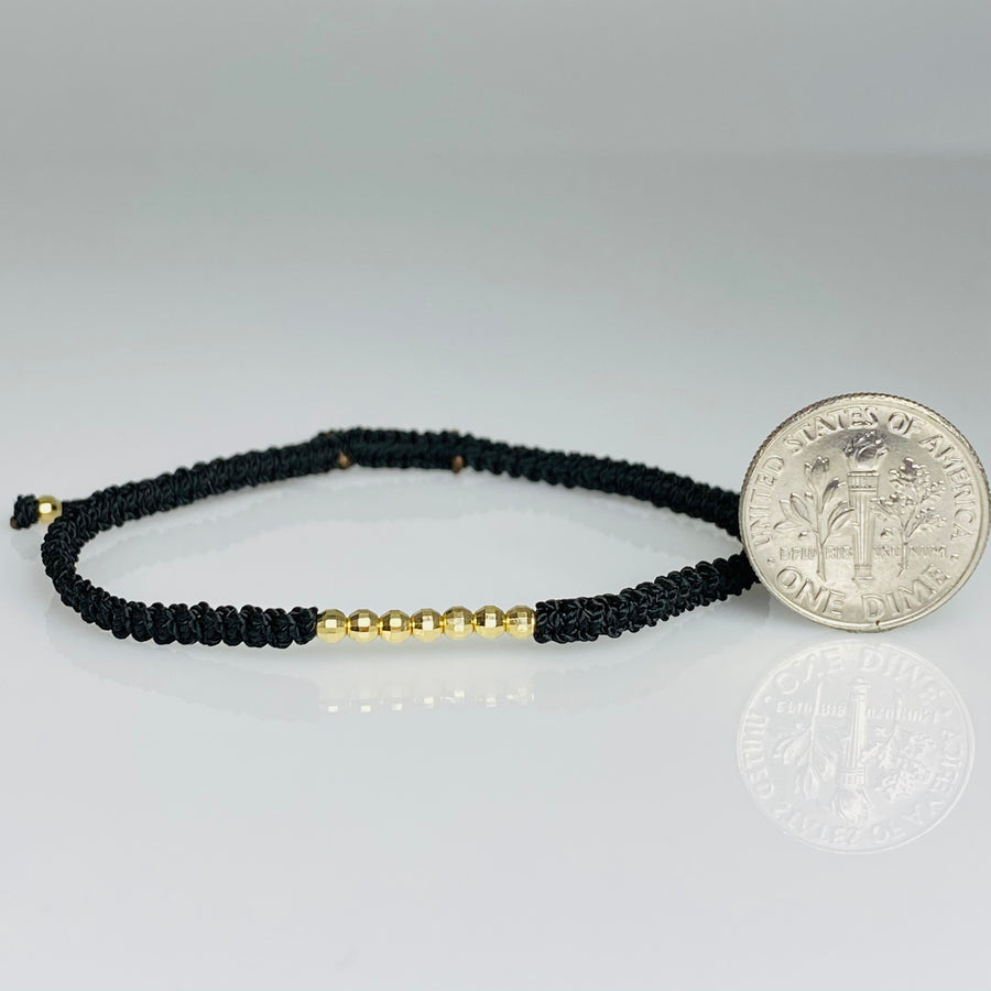 14K Yellow Gold Disco Ball Bead Black Macrame Bracelet