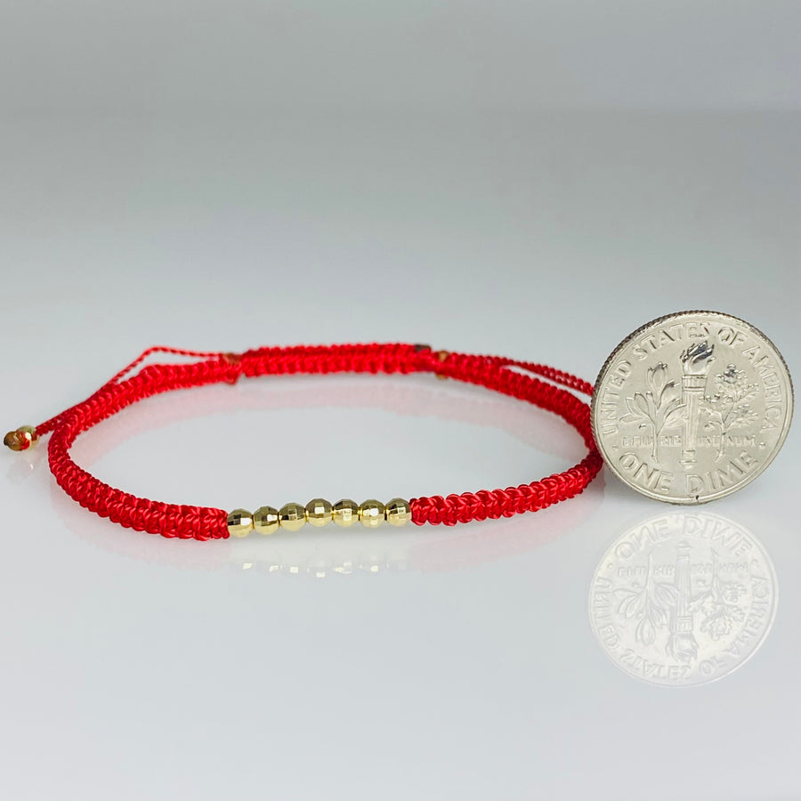 14K Yellow Gold Disco Ball Bead Red Macrame Bracelet