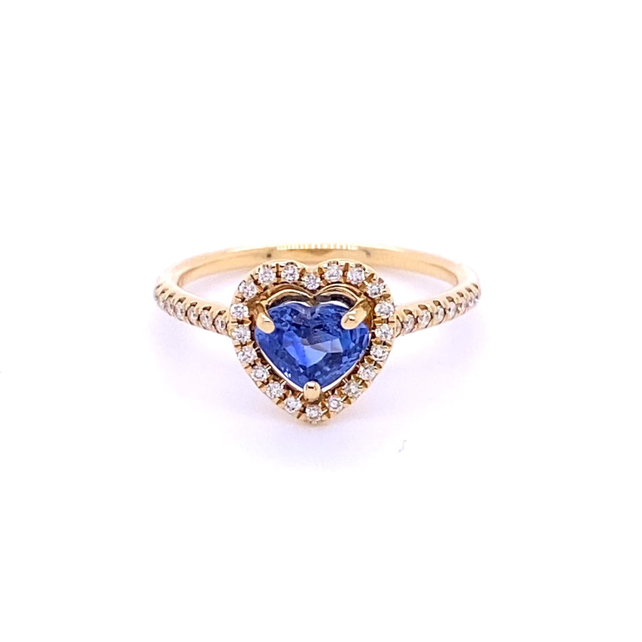 14K Yellow Gold Heart Shaped Ceylon Sapphire Diamond Ring 0.56ct
