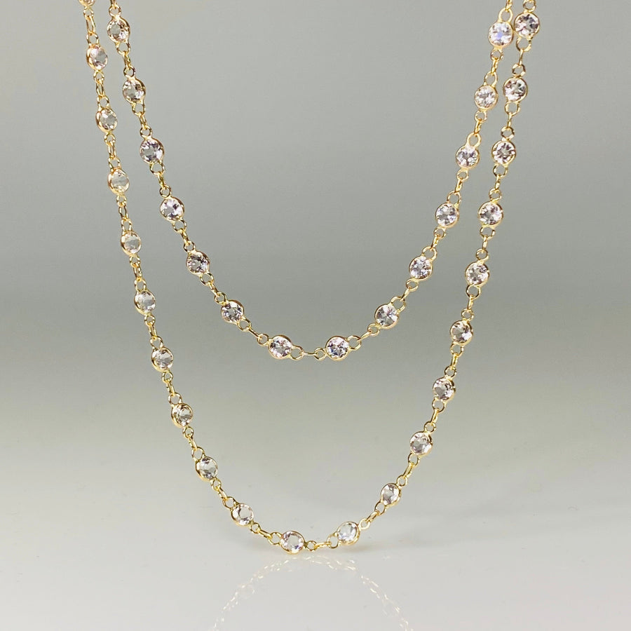 14K Yellow Gold White Topaz Bezel Necklace 36"