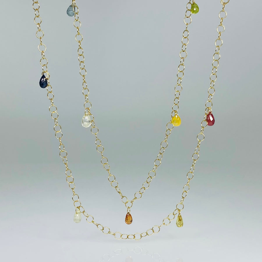 14K Yellow Gold Multicolor Sapphire Long Necklace 7.00ct