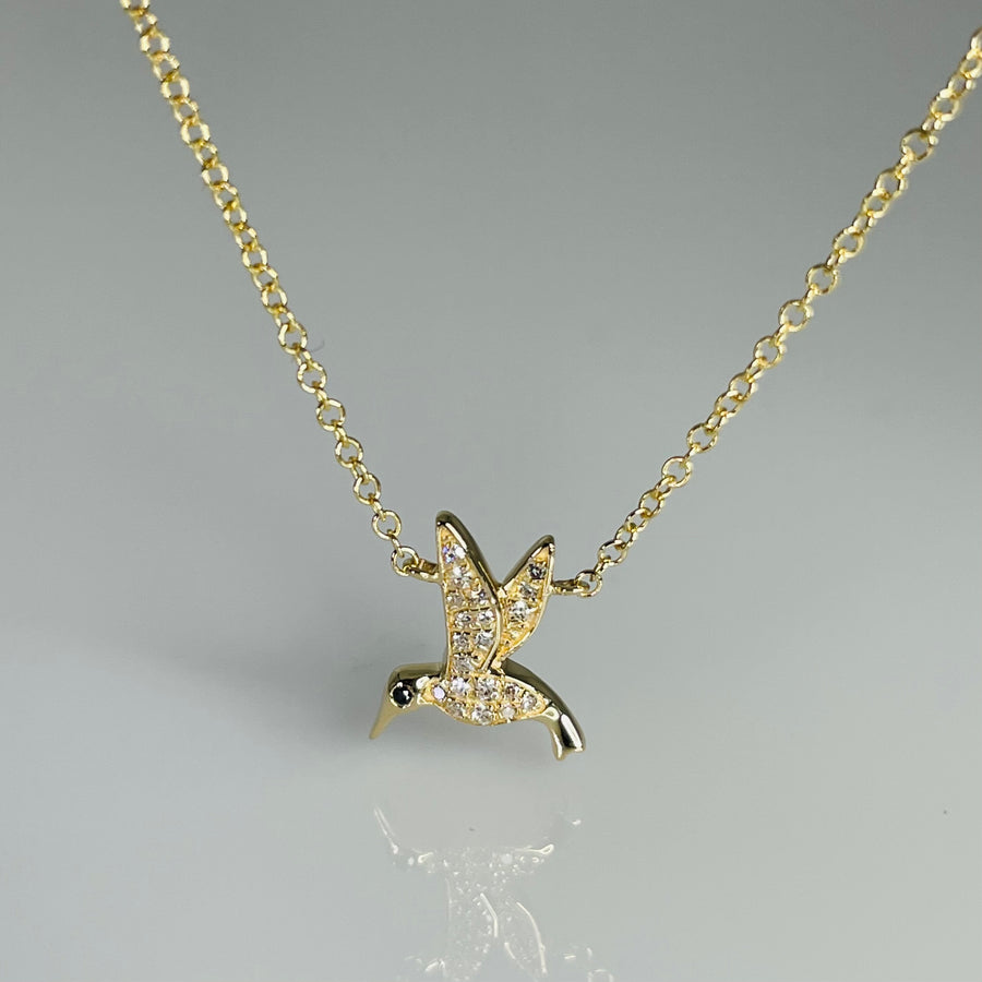 14K Yellow Gold Diamond Hummingbird Necklace 0.01/0.05ct