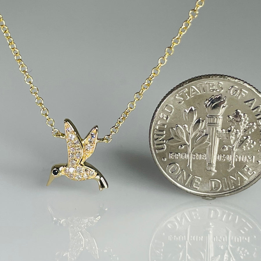 14K Yellow Gold Diamond Hummingbird Necklace 0.01/0.05ct