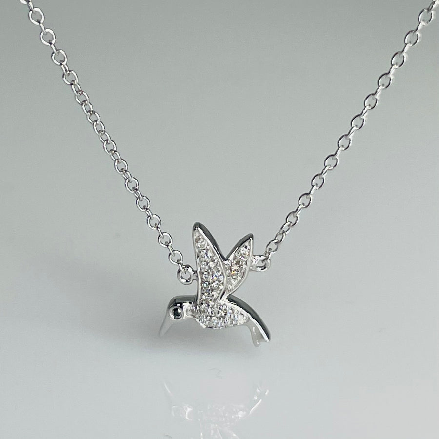 14K White Gold Diamond Hummingbird Necklace 0.01 0.05ct