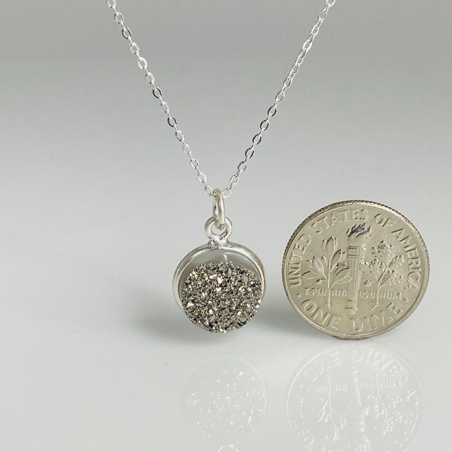 Silver Druzy Disc Necklace 11mm