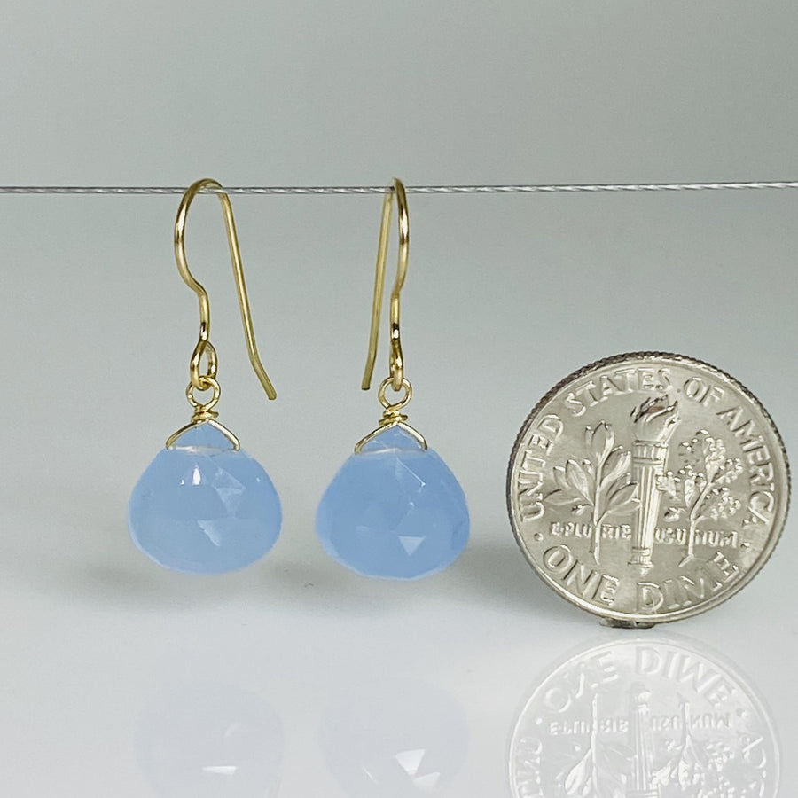 14K Yellow Gold Blue Chalcedony Teardrop Earrings 10mm