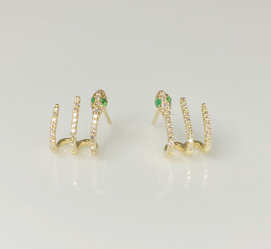 14K Yellow Gold Emerald Diamond Snake Earrings 0.08/0.20ct