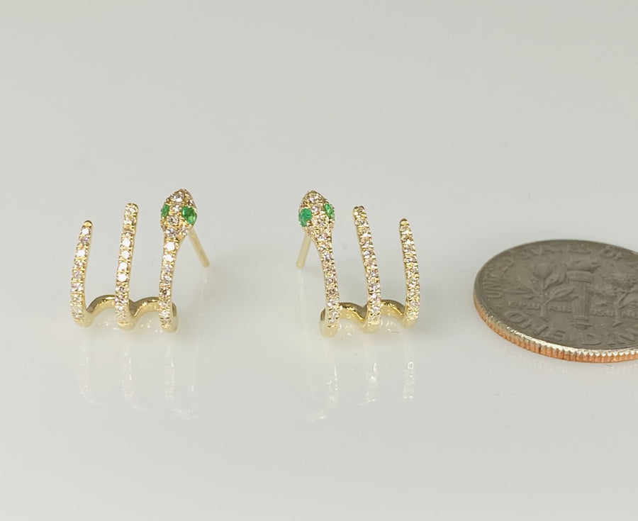 14K Yellow Gold Emerald Diamond Snake Earrings 0.08/0.20ct