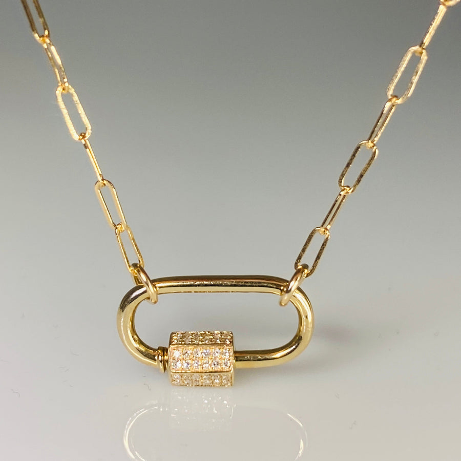 14K Yellow Gold Diamond Carabiner Necklace 0.17ct