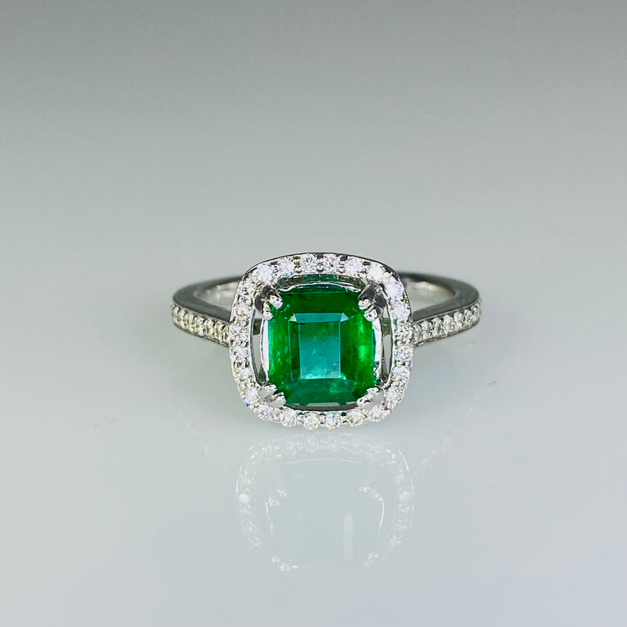 14K White Gold Emerald Diamond Ring 1.29ct/0.27ct