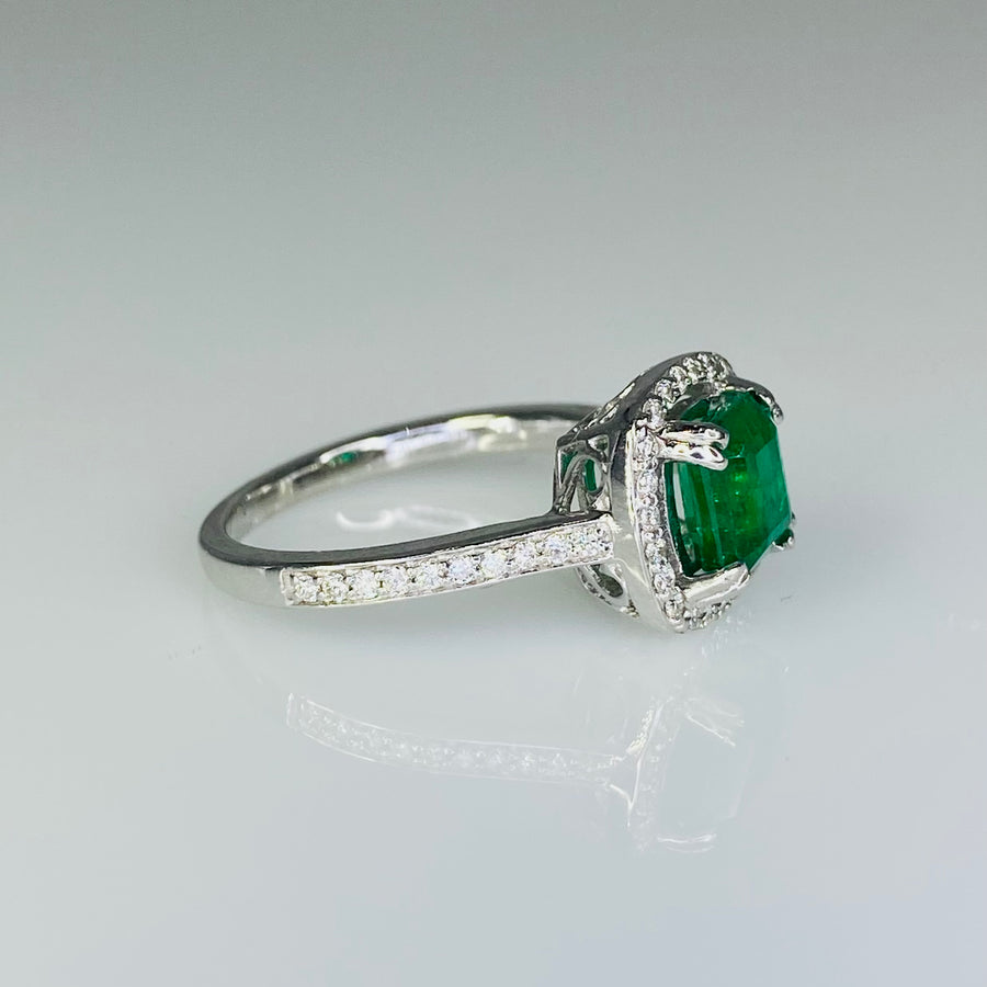 14K White Gold Emerald Diamond Ring 1.29ct/0.27ct