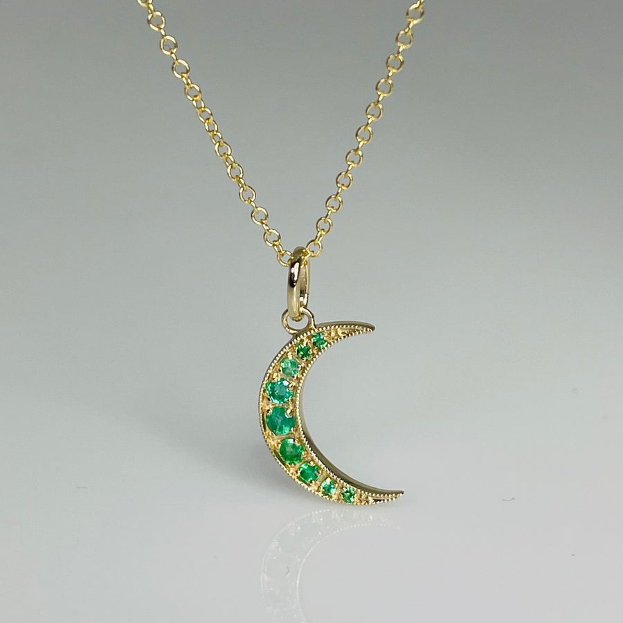 14K Yellow Gold Emerald Crescent Moon Necklace 0.15ct