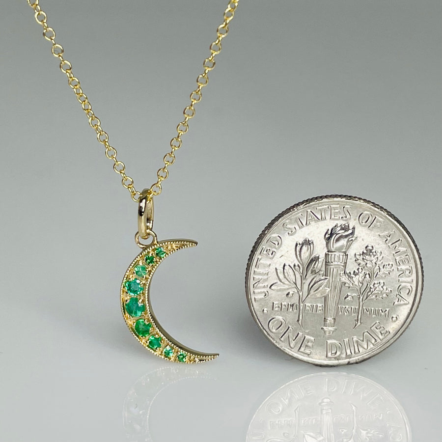 14K Yellow Gold Emerald Crescent Moon Necklace 0.15ct