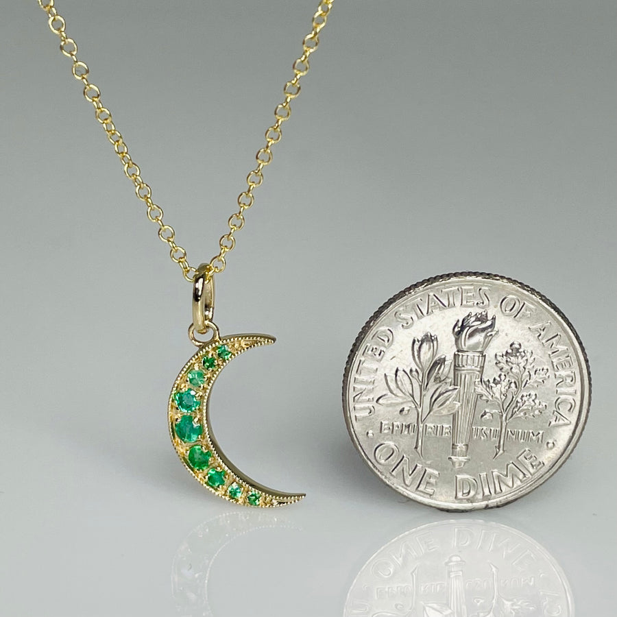 14K Yellow Gold Emerald Crescent Moon Necklace 0.15ct