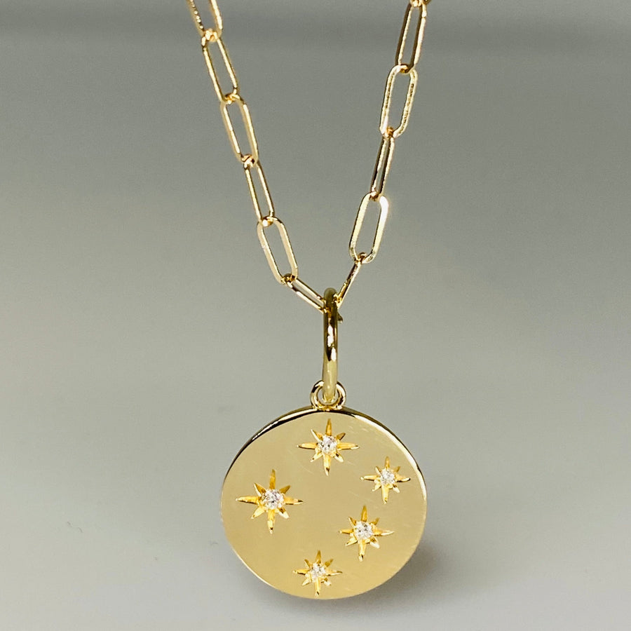 14K Yellow Gold 5 Diamond Stars Necklace 15mm