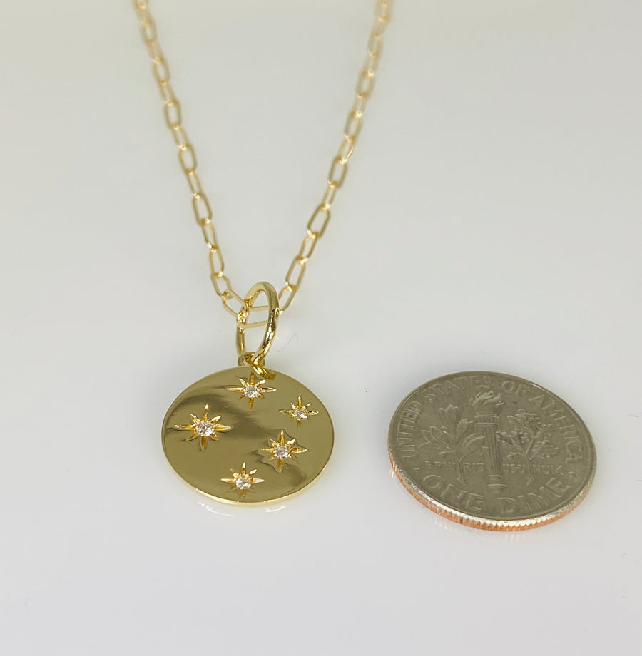 14K Yellow Gold 5 Diamond Stars Necklace 15mm