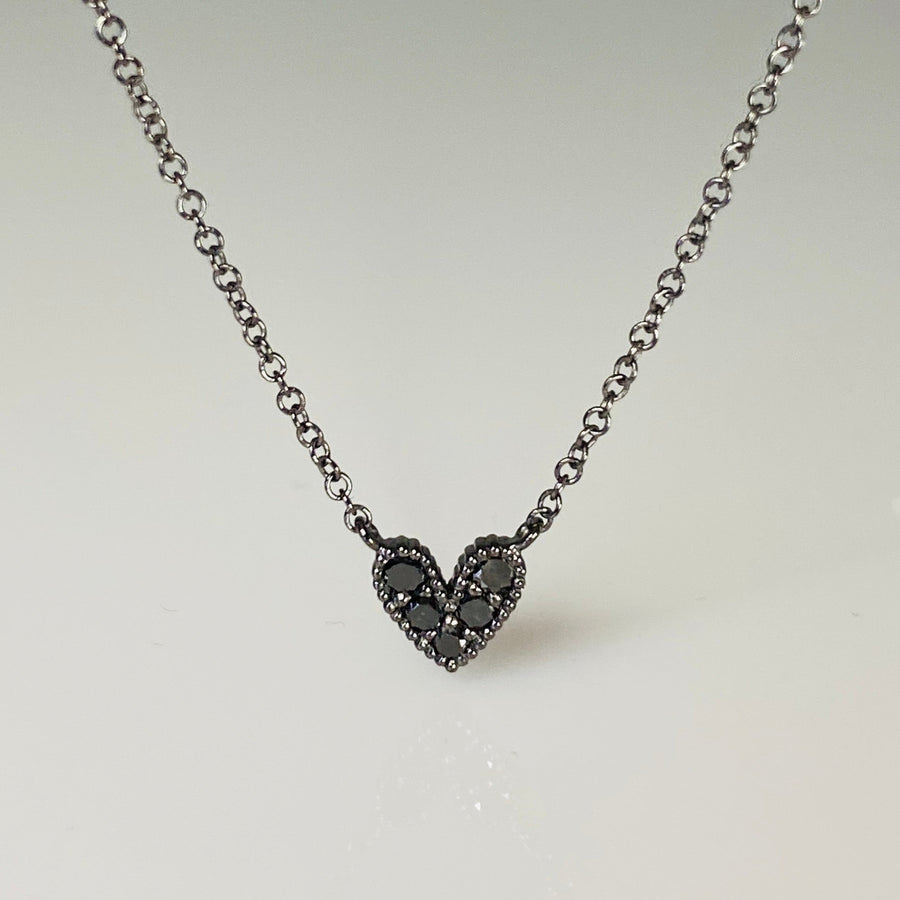 14K White Black Rhodium Gold Black Diamond Heart Necklace 0.14ct