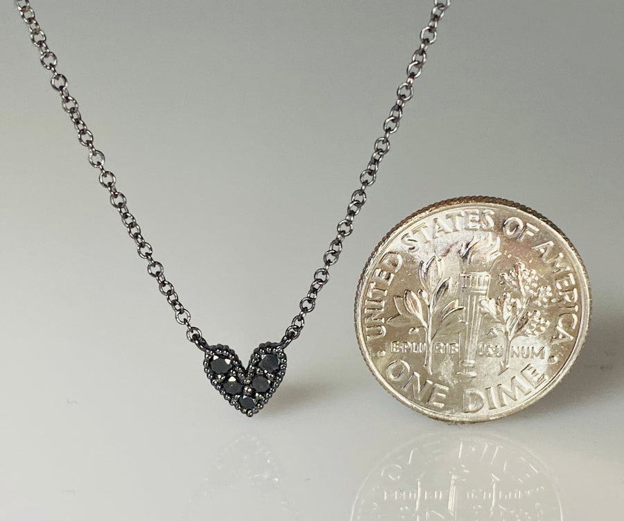 14K White Black Rhodium Gold Black Diamond Heart Necklace 0.14ct