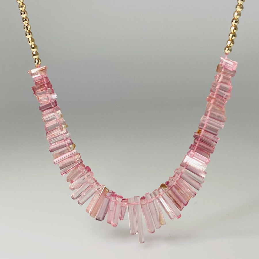 14K Yellow Gold Disco Ball Bead and Pink Tourmaline Necklace