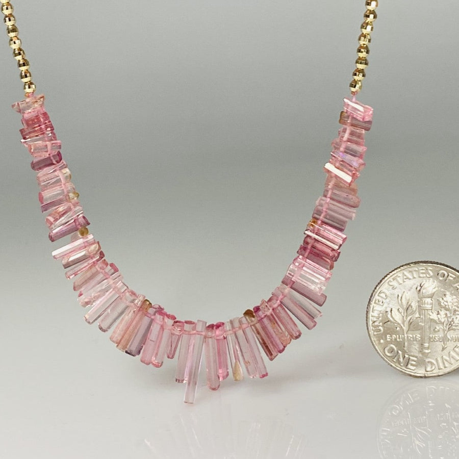 14K Yellow Gold Disco Ball Bead and Pink Tourmaline Necklace