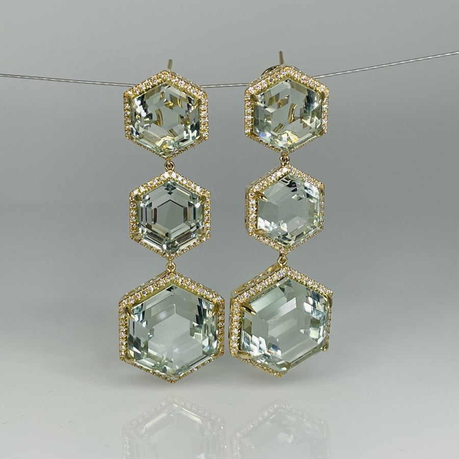 14K Yellow Gold Hexagon Green Amethyst Diamond Earring 33.3/.7ct