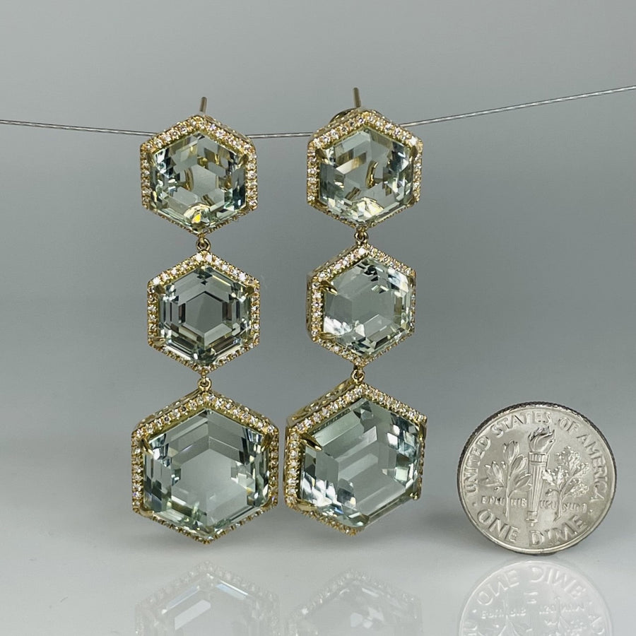 14K Yellow Gold Hexagon Green Amethyst Diamond Earring 33.3/.7ct