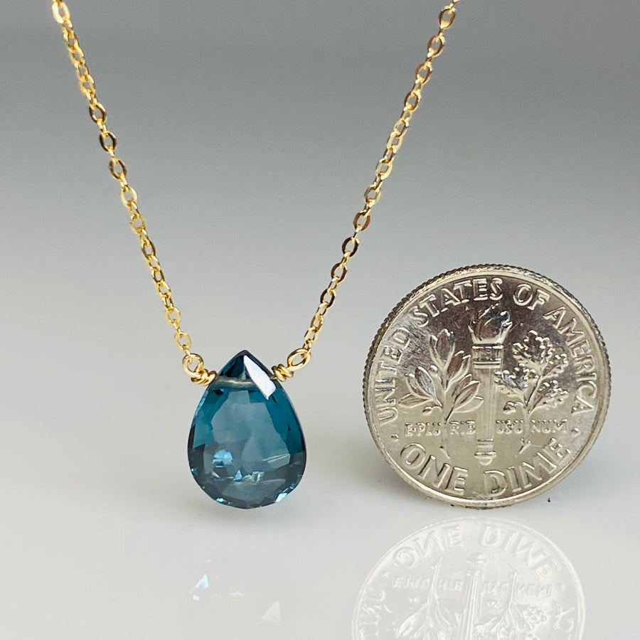 14K Yellow Gold London Blue Quartz Drop Necklace 8x10mm