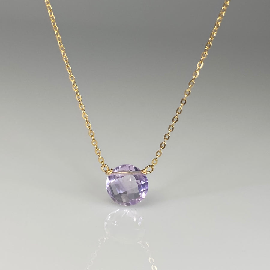 14K Yellow Gold Round Rose Cut Pink Amethyst Necklace 8mm