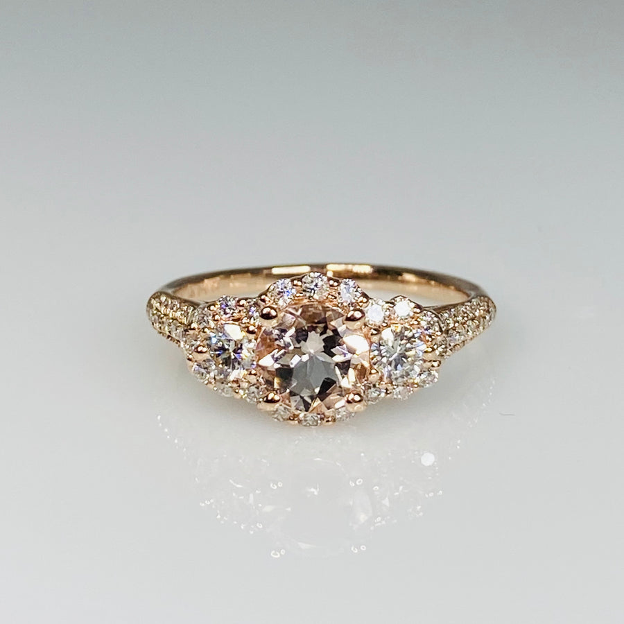 14K Rose Gold Morganite and Diamond Trinity Ring 0.65ct/0.64ct
