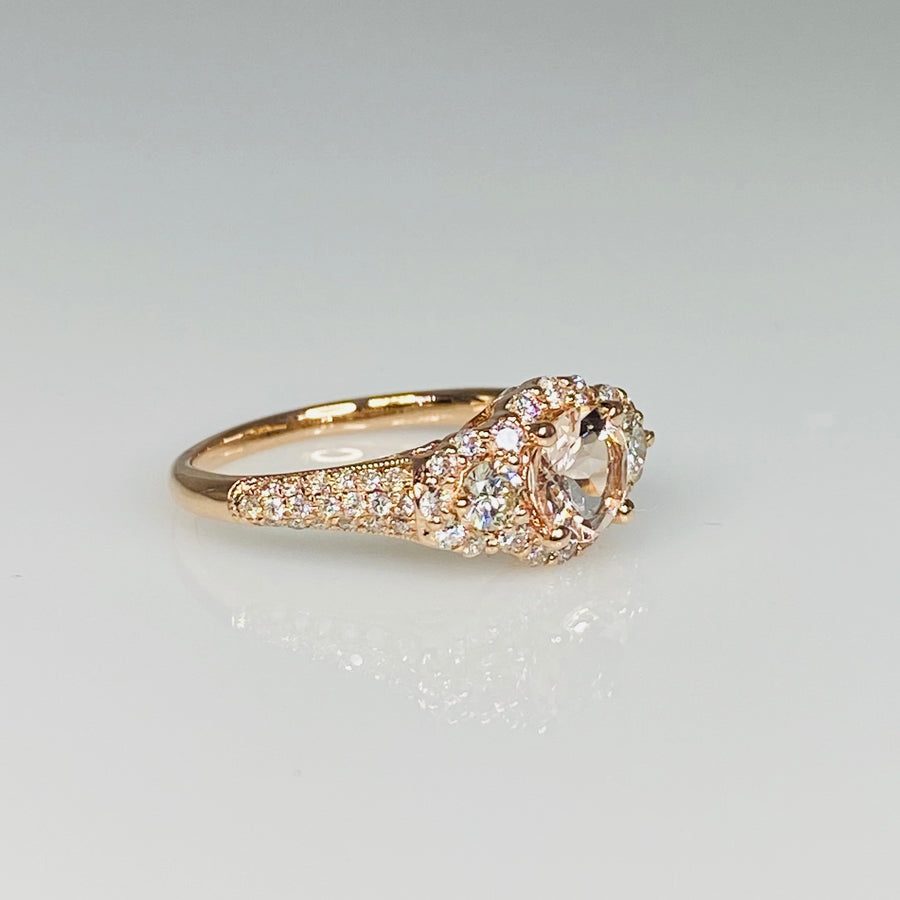 14K Rose Gold Morganite and Diamond Trinity Ring 0.65ct/0.64ct