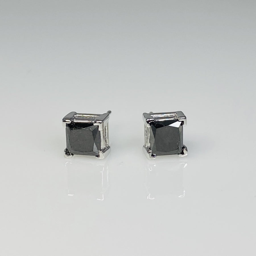 14K White Gold Princess Cut Black Diamond Stud Earrings 1.71ct