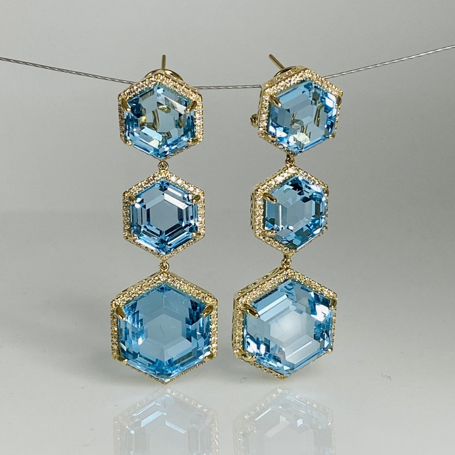 14K Yellow Gold Hexagon Blue Topaz Diamond Earrings 61/.70ct