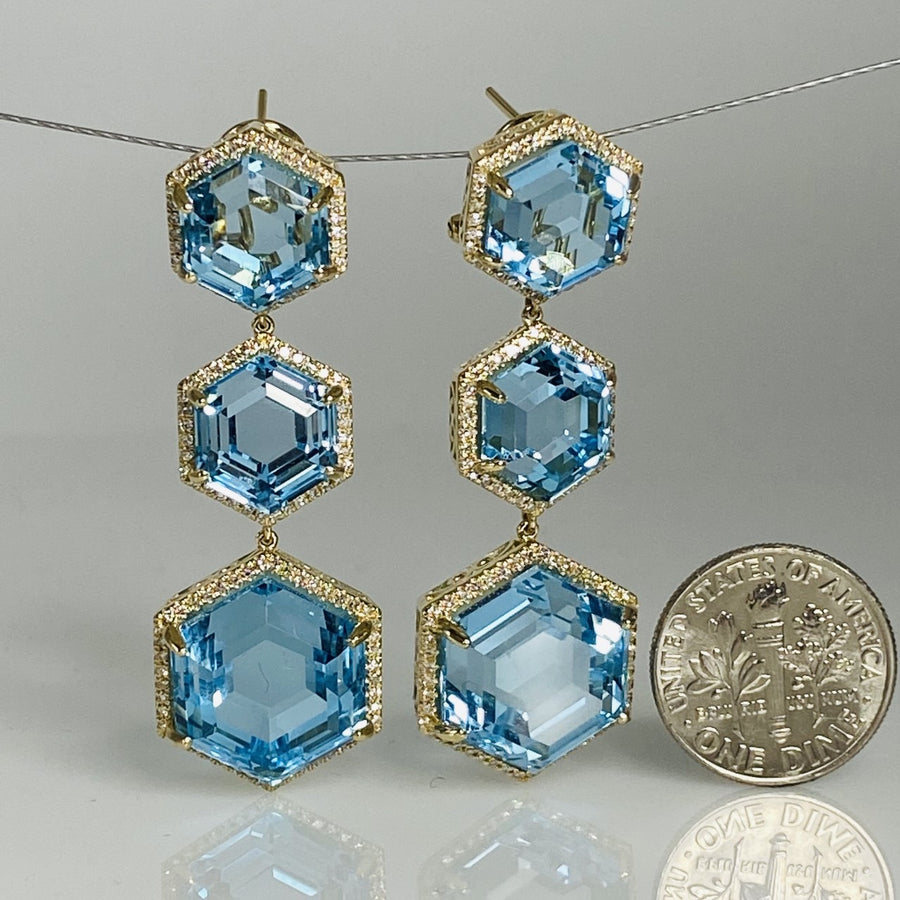 14K Yellow Gold Hexagon Blue Topaz Diamond Earrings 61/.70ct