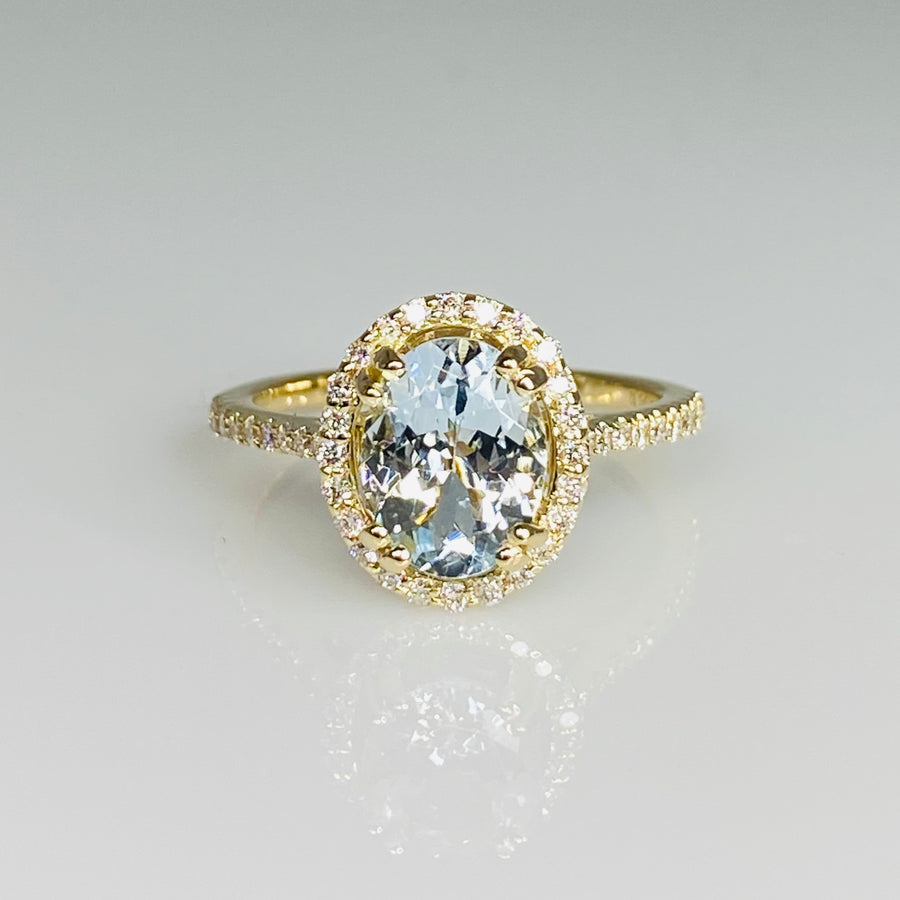 14K Yellow Gold Aquamarine Diamond Ring 1.53/0.32ct